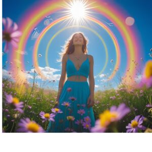 Frau steht mit Regenbogen-Aura auf Blumenwiese unter blauem Himmel. Licht strahlt über ihr. Ki generiert.